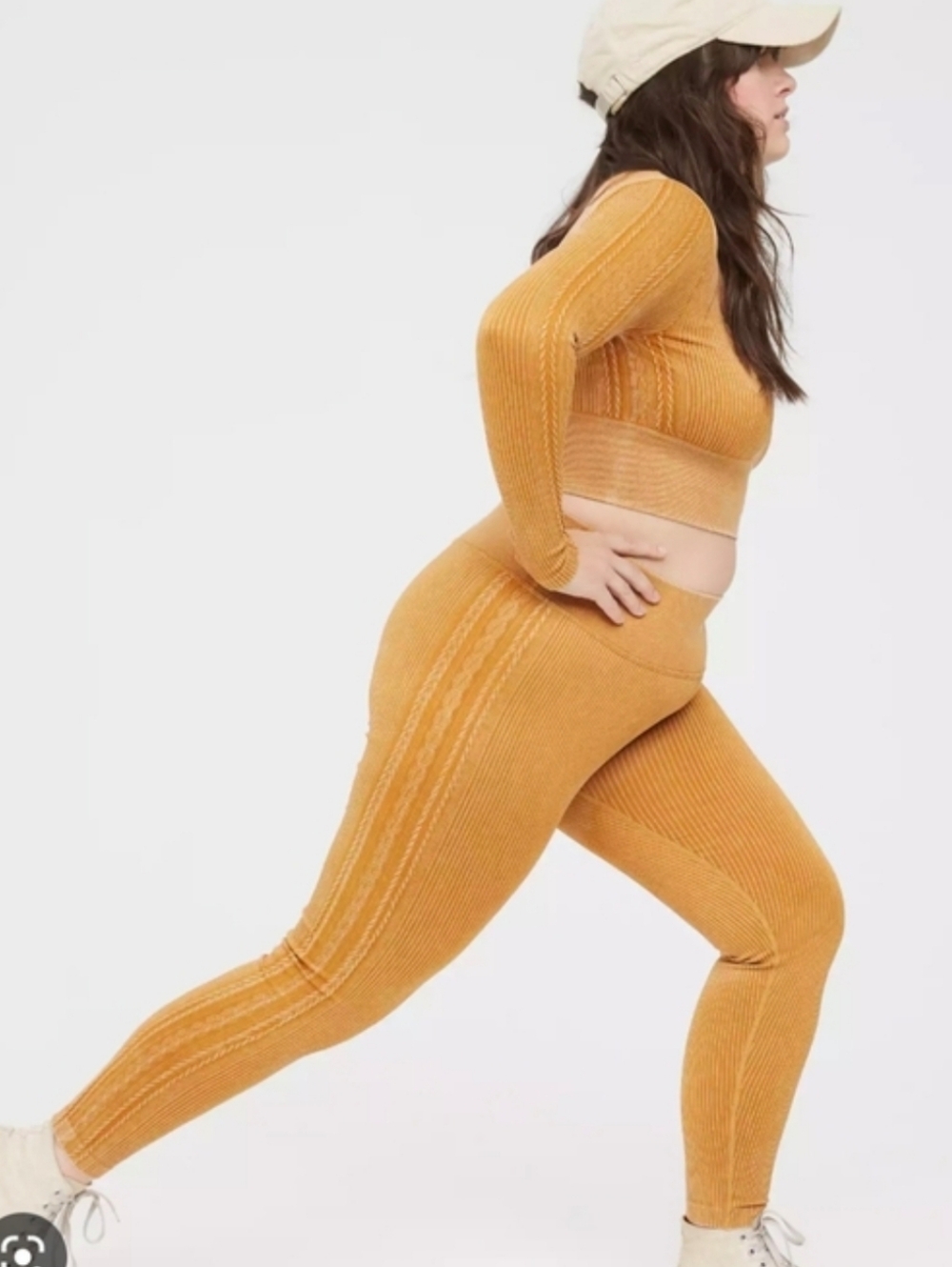 Aerie Seamless Ribbed High-Waist Leggings Crop Top Set- Mustard/Tan Gym Large